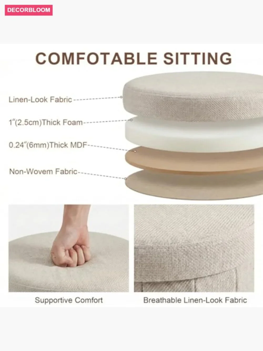 Round Storage Ottoman with Lid, Foldable Linen Bench, Large Hidden Storage,